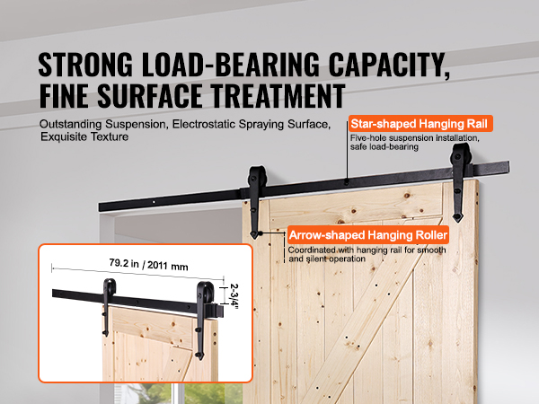 VEVOR barn door kit, durable wooden door with star-shaped hanging rail and arrow-shaped hanging roller.
