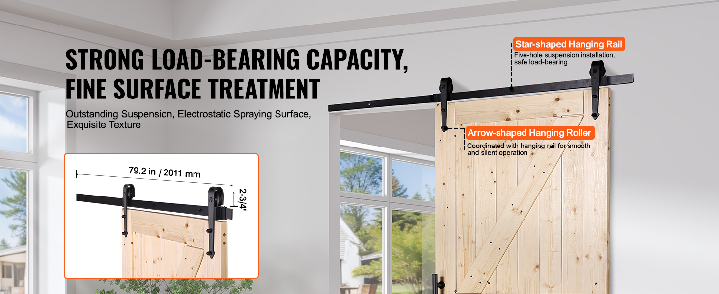 VEVOR barn door kit, durable wooden door with star-shaped hanging rail and arrow-shaped hanging roller.