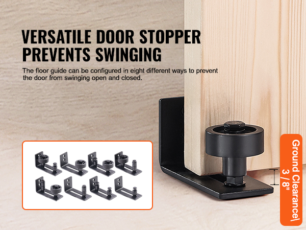 VEVOR barn door kit versatile door stopper, eight configurations to prevent swinging, 3/8" ground clearance.