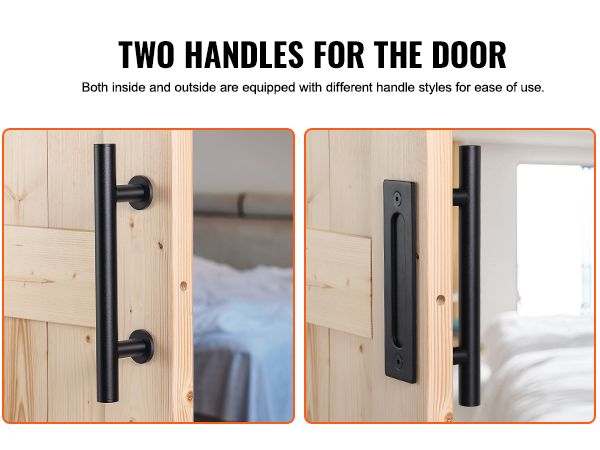 two handle styles for wooden door from VEVOR barn door kit, shown on both sides in a bedroom.