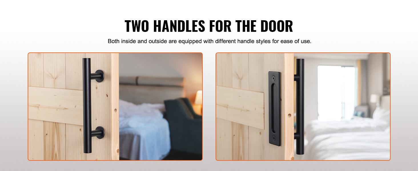 two handle styles for wooden door from VEVOR barn door kit, shown on both sides in a bedroom.
