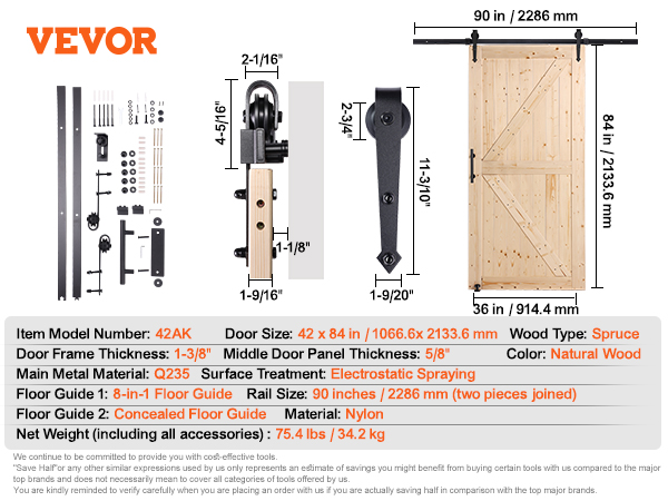 VEVOR barn door kit dimensions: 42"x84" door, 90" rail, natural wood spruce, electrostatic q235 metal.