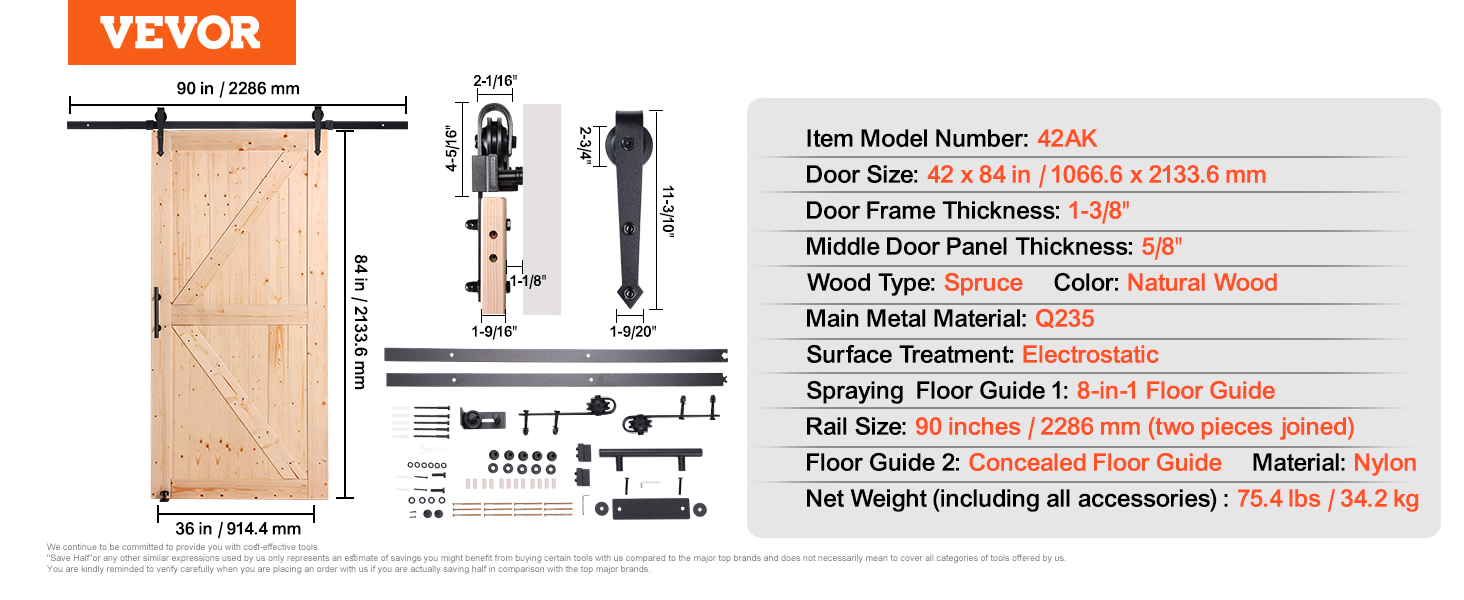 VEVOR barn door kit dimensions: 42"x84" door, 90" rail, natural wood spruce, electrostatic q235 metal.