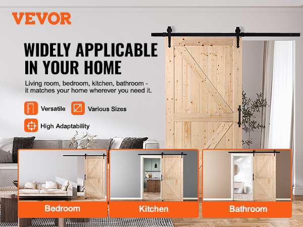 VEVOR barn door kit showcased for versatile use in bedroom, kitchen, and bathroom, enhancing home decor.