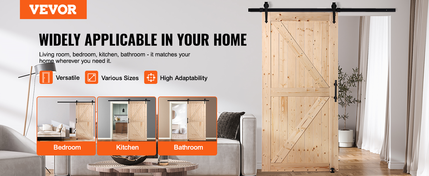 VEVOR barn door kit showcased for versatile use in bedroom, kitchen, and bathroom, enhancing home decor.