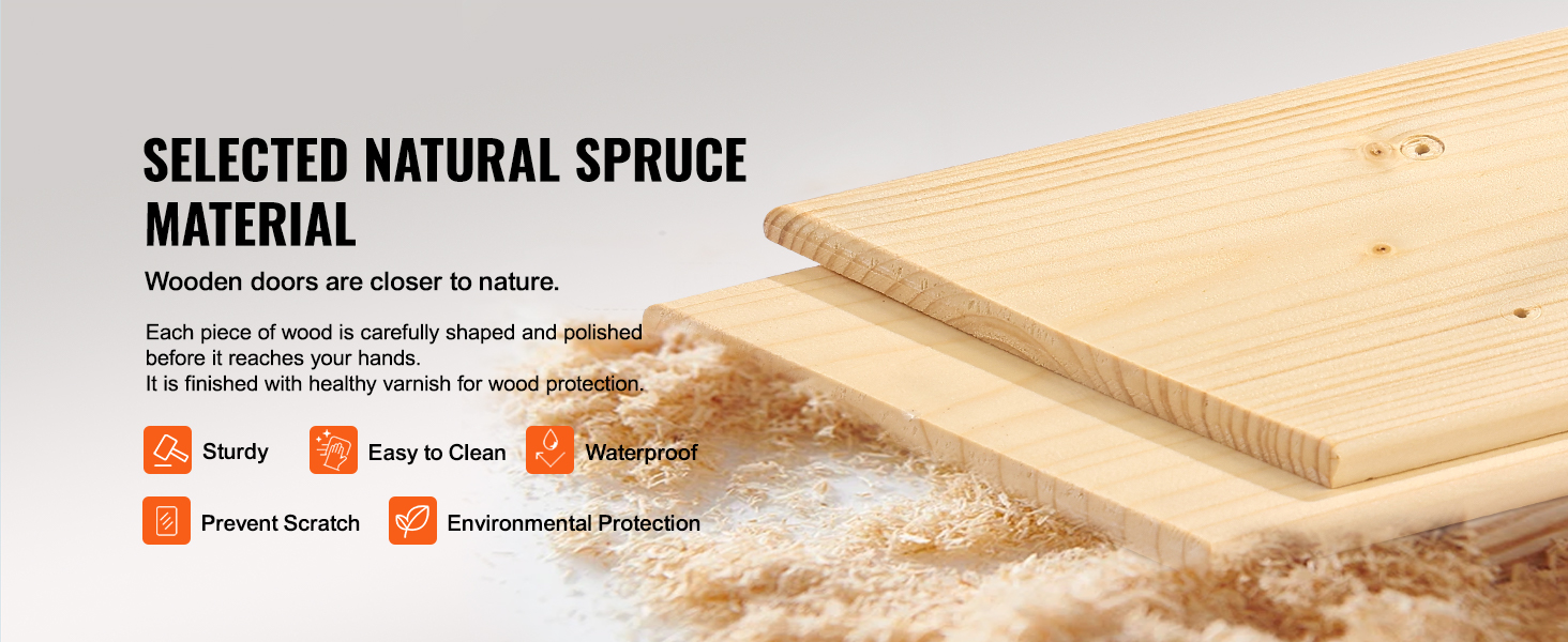 selected natural spruce wood with sturdy, waterproof, and easy-to-clean features for VEVOR barn door kit.