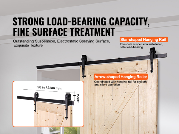 VEVOR barn door kit featuring a star-shaped hanging rail and arrow-shaped hanging roller.