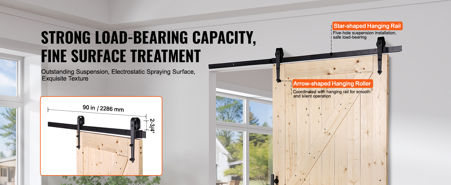 VEVOR barn door kit featuring a star-shaped hanging rail and arrow-shaped hanging roller.