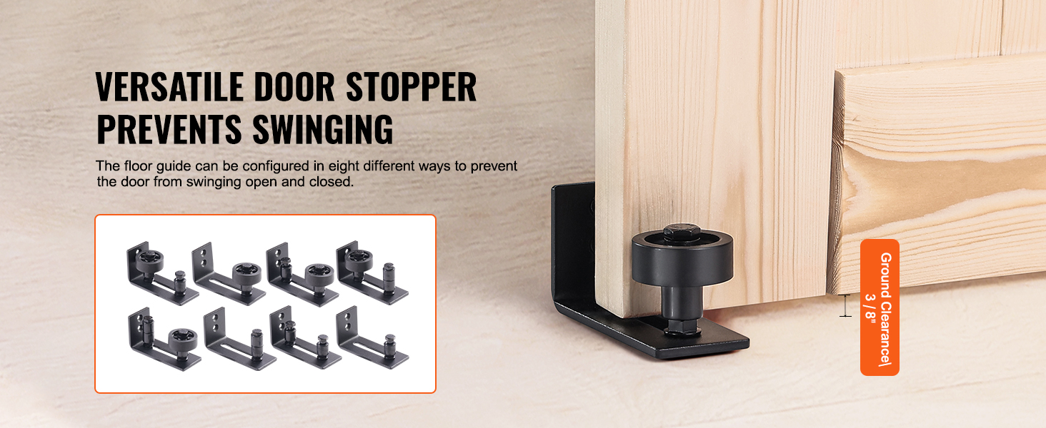 VEVOR barn door kit with versatile door stopper preventing swinging and ensuring ground clearance.