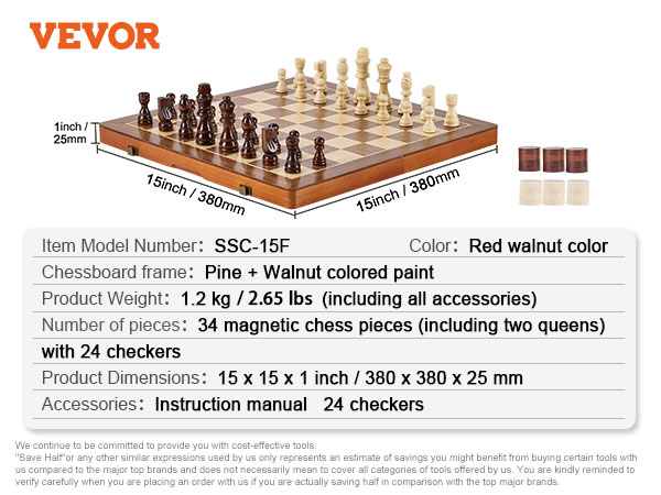 VEVOR magnetic chess set with red walnut color, 34 magnetic pieces, and 24 checkers, 15x15 inch board.