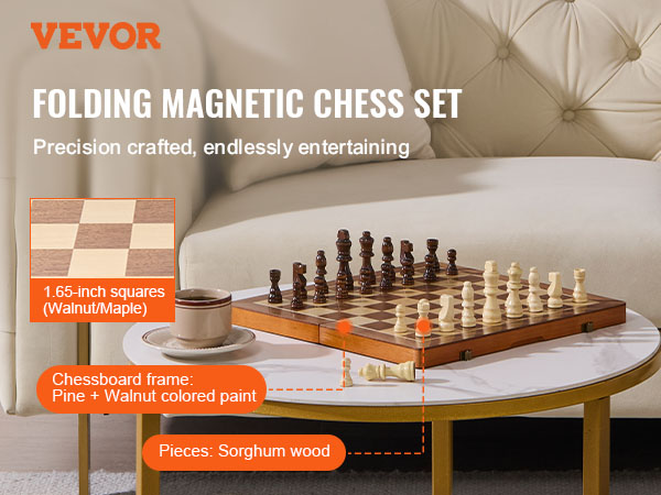 VEVOR magnetic chess set on round table, featuring walnut/maple squares and sorghum wood pieces.