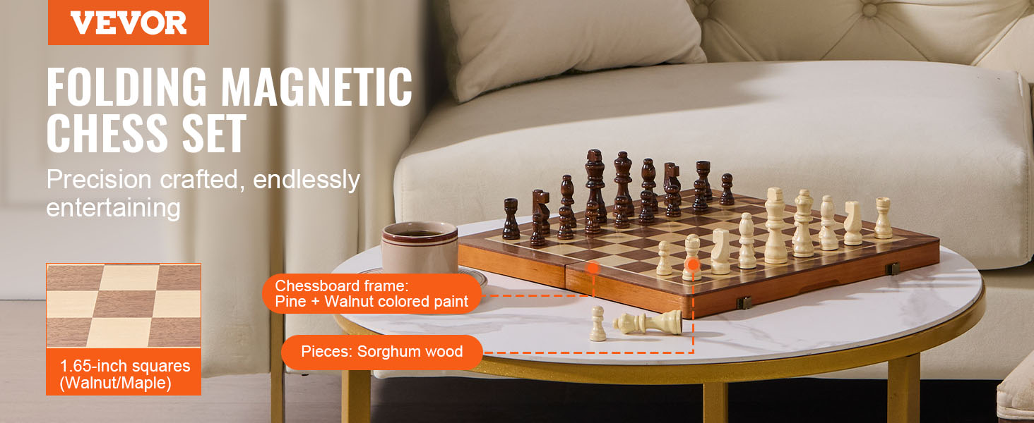 VEVOR magnetic chess set on round table, featuring walnut/maple squares and sorghum wood pieces.