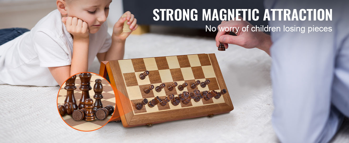child and adult playing with VEVOR magnetic chess set featuring strong magnetic attraction.