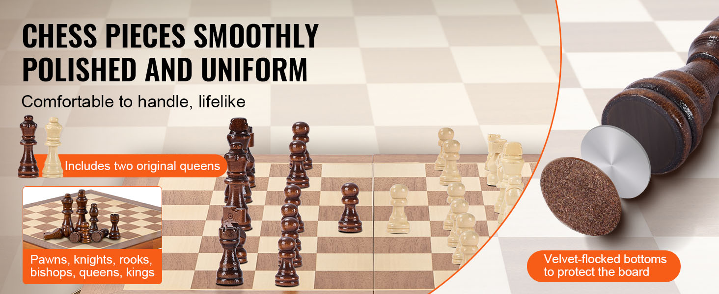 VEVOR magnetic chess set with smoothly polished pieces, two original queens, and velvet-flocked bottoms.
