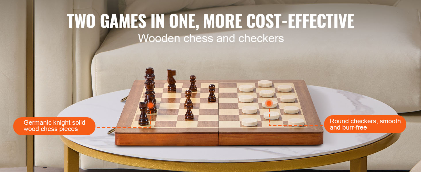 VEVOR magnetic chess set with solid wood pieces and smooth, burr-free round checkers on a marble table.