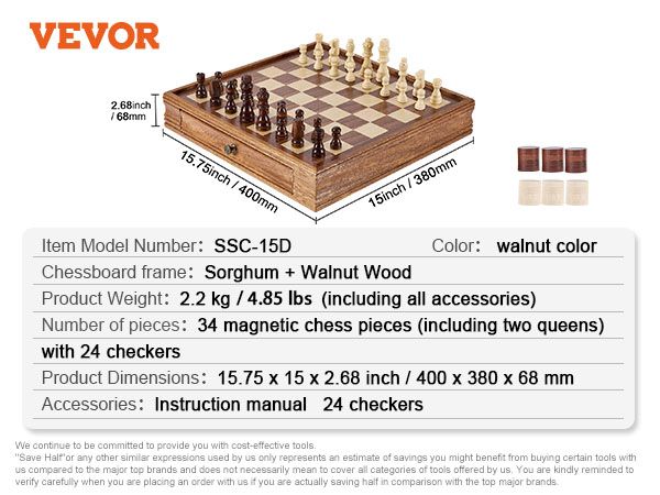 VEVOR solid wood chess set, 34 magnetic pieces with checkers, walnut frame, 15.75 x 15 inches.