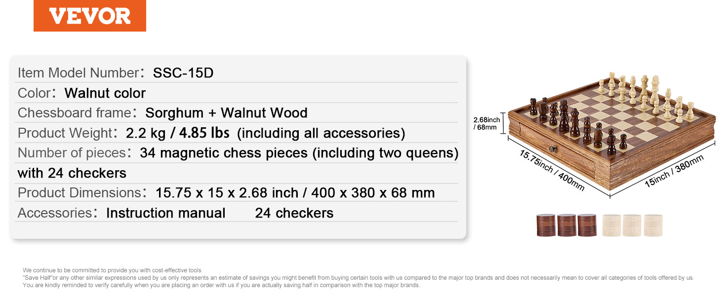 VEVOR solid wood chess set, 34 magnetic pieces with checkers, walnut frame, 15.75 x 15 inches.