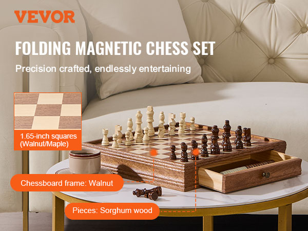 VEVOR solid wood chess set with walnut frame and sorghum wood pieces on a coffee table.