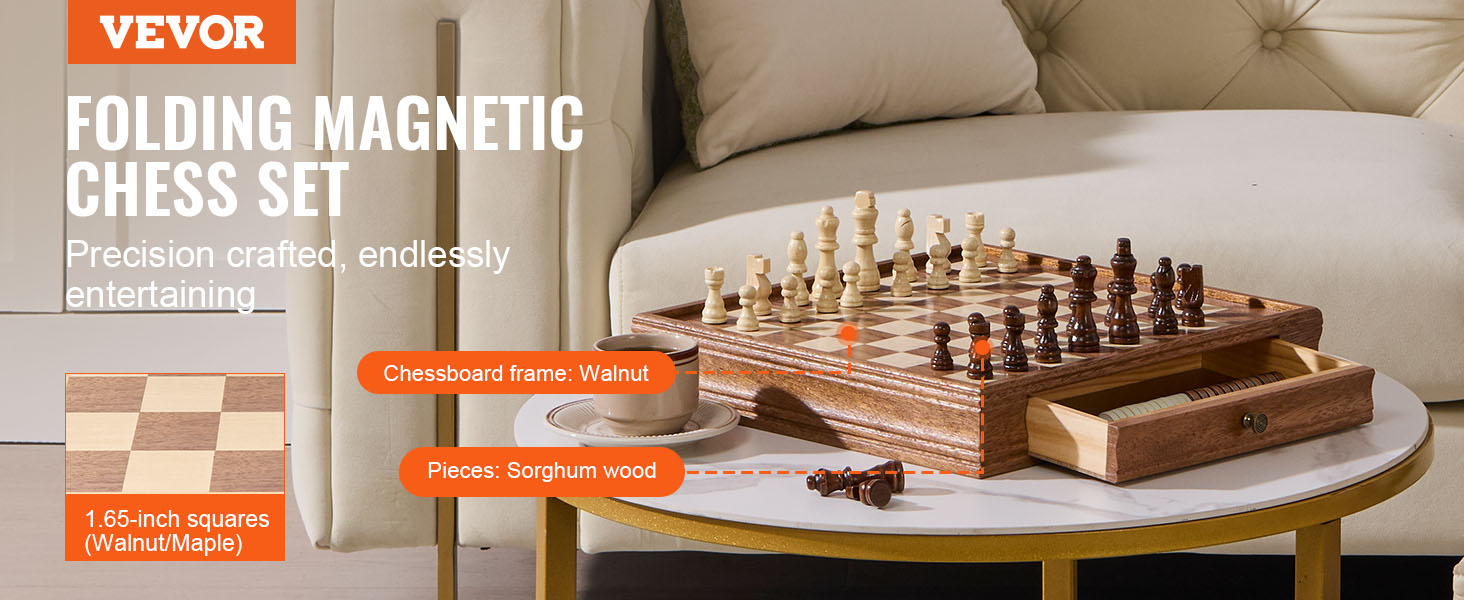 VEVOR solid wood chess set with walnut frame and sorghum wood pieces on a coffee table.