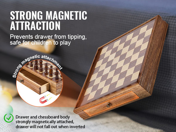 strong magnetic attachment on VEVOR solid wood chess set prevents drawer tipping, safe for children.