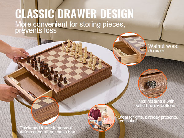 VEVOR solid wood chess set with walnut wood drawer and bronze button, ideal keepsake gift.
