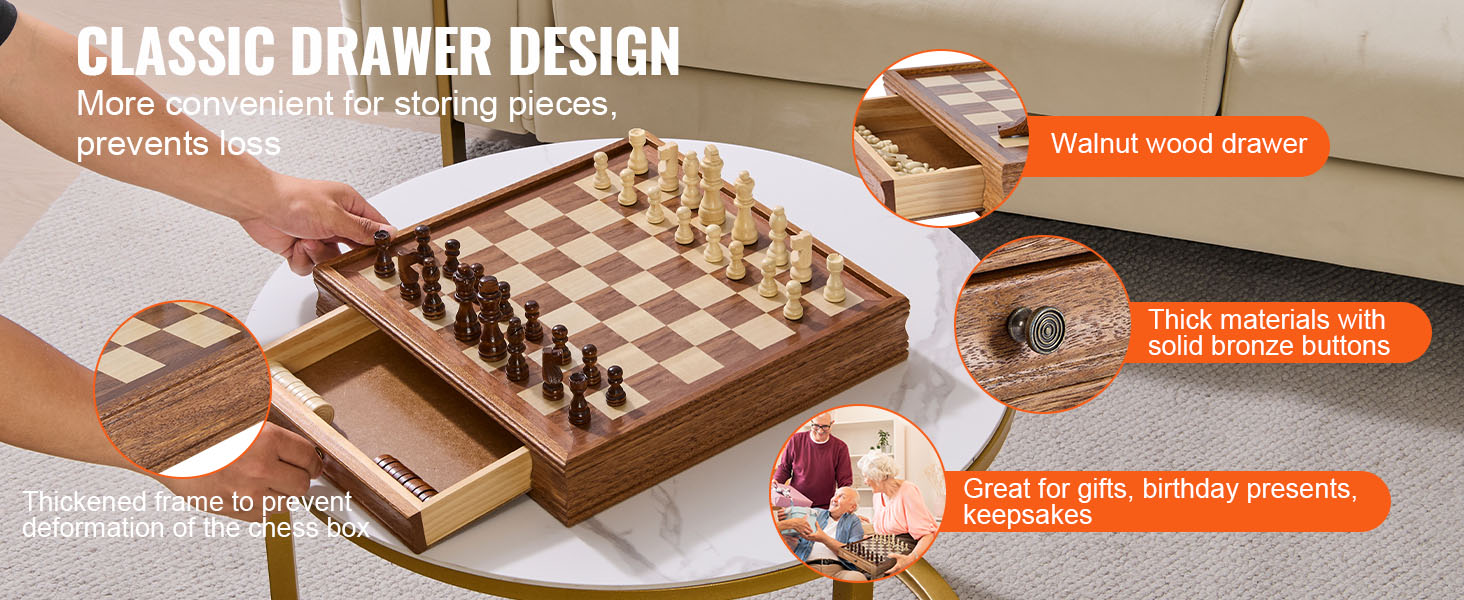 VEVOR solid wood chess set with walnut wood drawer and bronze button, ideal keepsake gift.