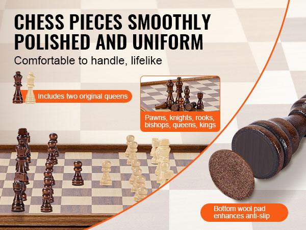 smoothly polished VEVOR solid wood chess set with uniform pieces, anti-slip wool pads, and extra queens.