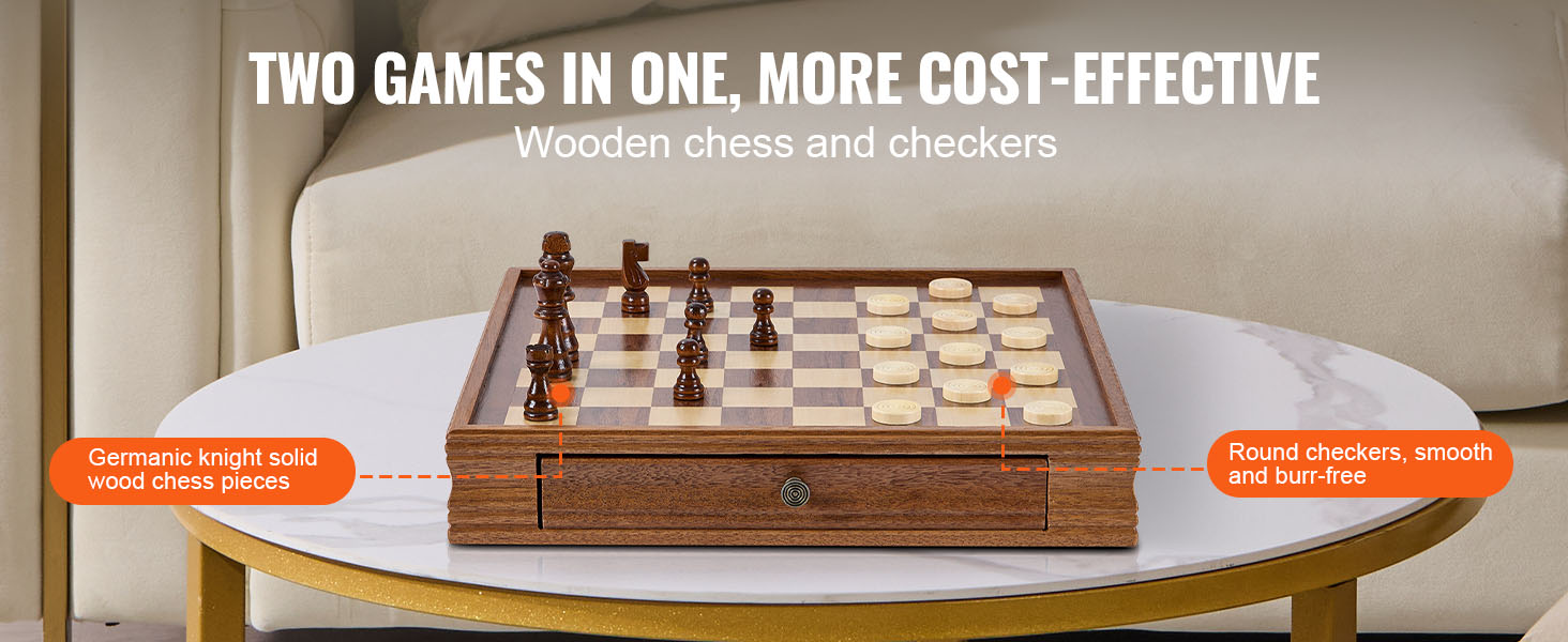 VEVOR solid wood chess set with checkers on a round table, wooden chess and checkers pieces.