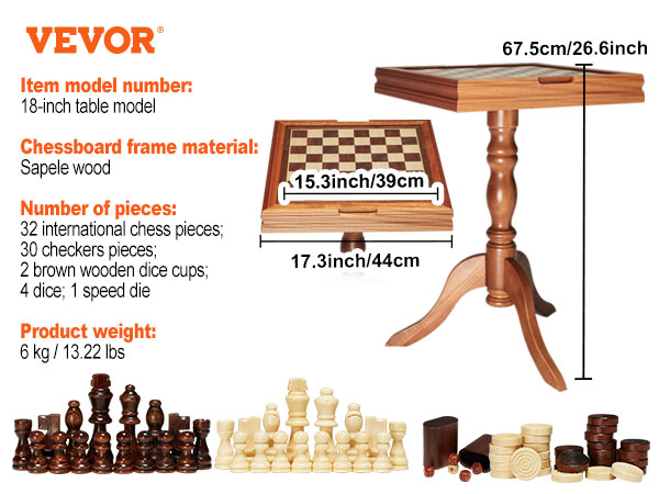 VEVOR chess table set with sapele wood frame, chess pieces, checkers, dice cups, and game dice.
