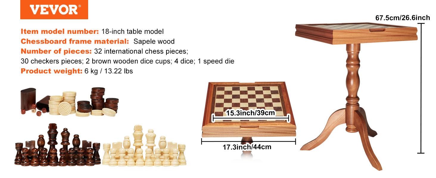 VEVOR chess table set with sapele wood frame, chess pieces, checkers, dice cups, and game dice.