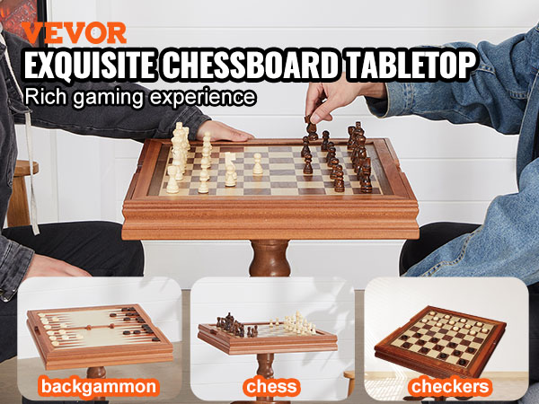 VEVOR chess table set with interchangeable game boards for chess, checkers, and backgammon.