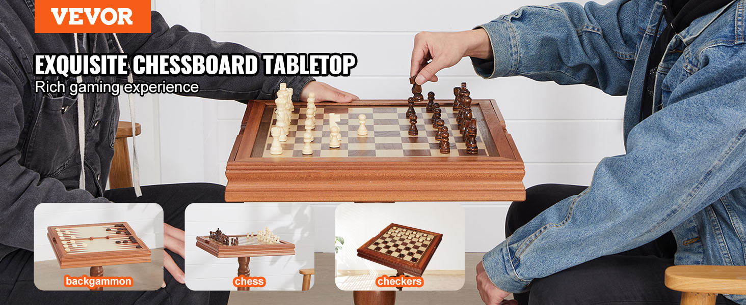 VEVOR chess table set with interchangeable game boards for chess, checkers, and backgammon.