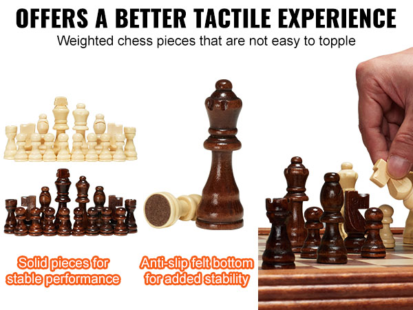 VEVOR chess table set with weighted, anti-slip felt bottom pieces for stable performance and tactile experience.
