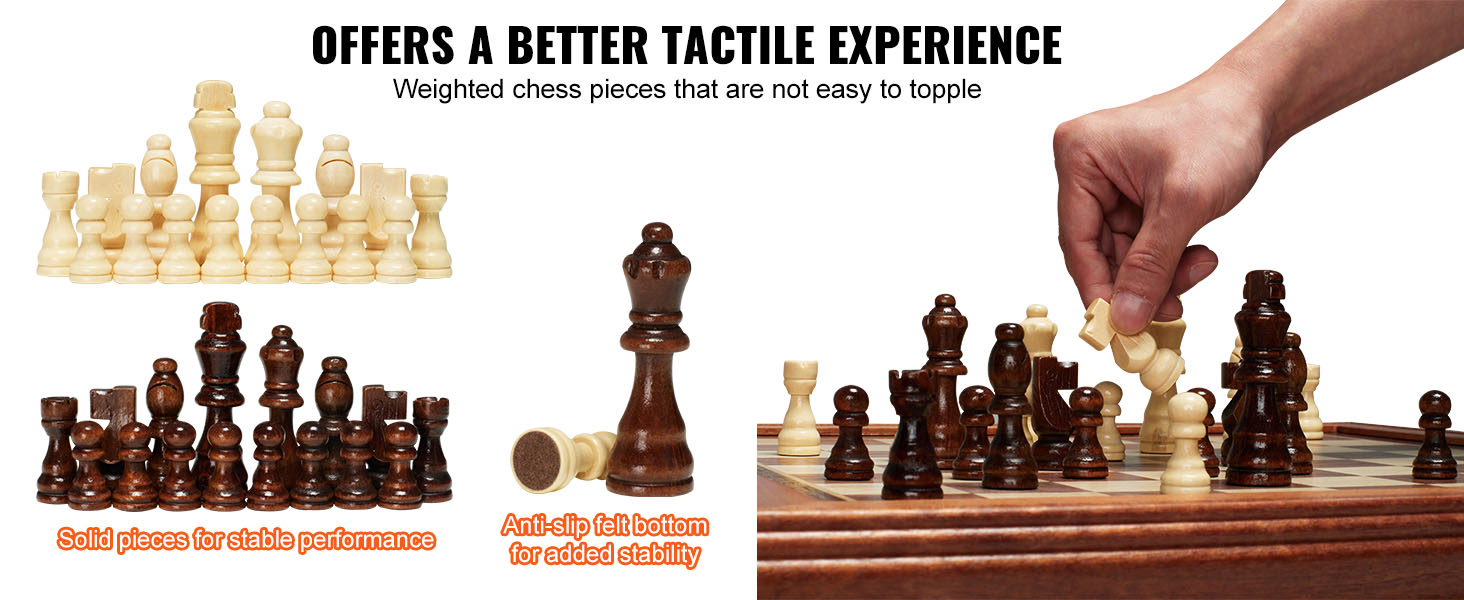 VEVOR chess table set with weighted, anti-slip felt bottom pieces for stable performance and tactile experience.