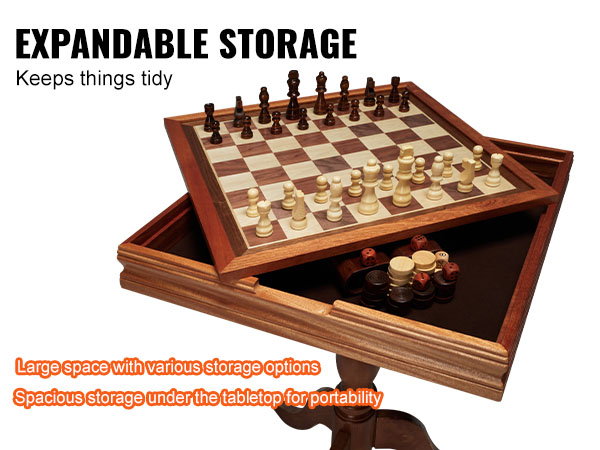 VEVOR chess table set with expandable storage, featuring chess pieces and additional game pieces.