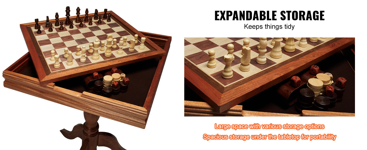 VEVOR chess table set with expandable storage, featuring chess pieces and additional game pieces.