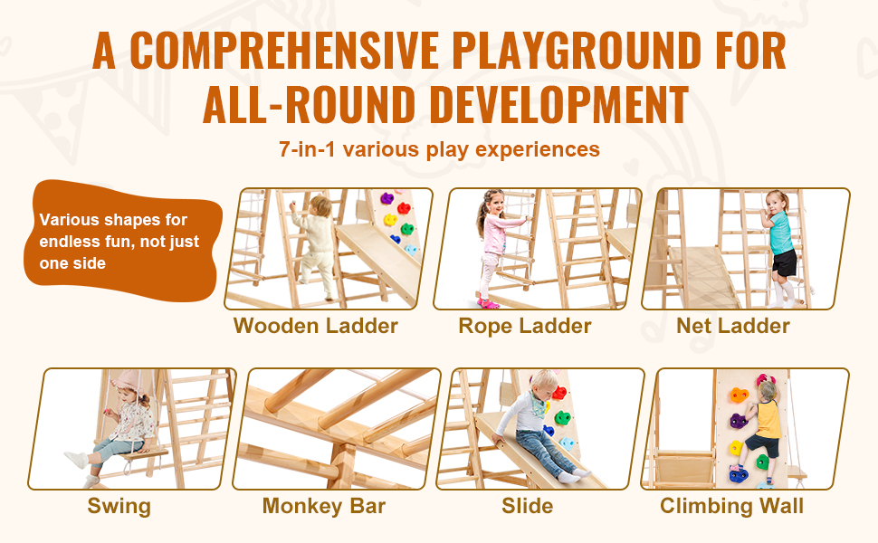 VEVOR indoor jungle gym for kids with wood and rope ladders, net ladder, swing, slide, climbing wall.