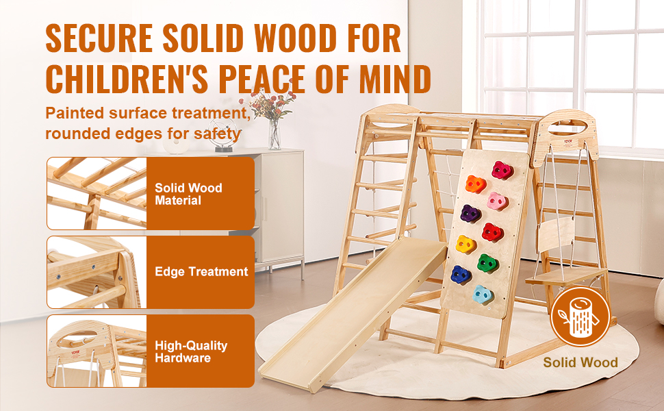 VEVOR indoor jungle gym: solid wood, slide, climbing wall, swing, rounded edges for safety.