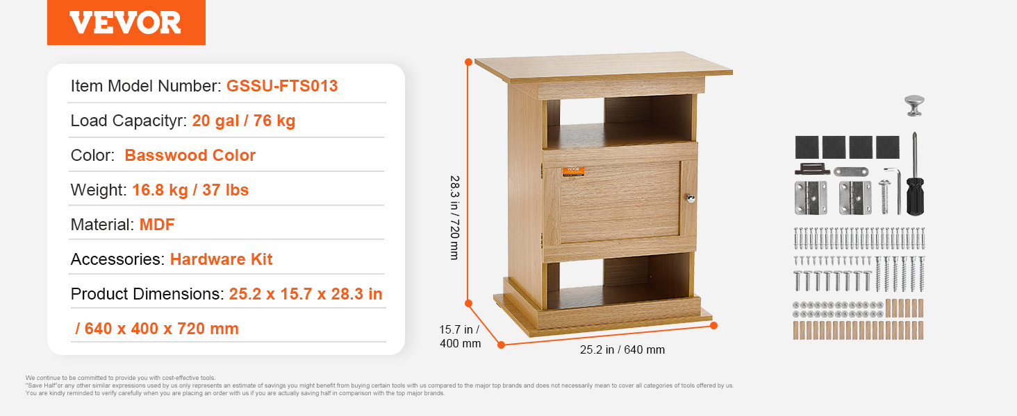 VEVOR aquarium stand with 20 gal capacity, basswood color, mdf, hardware kit, 25.2x15.7x28.3 in.