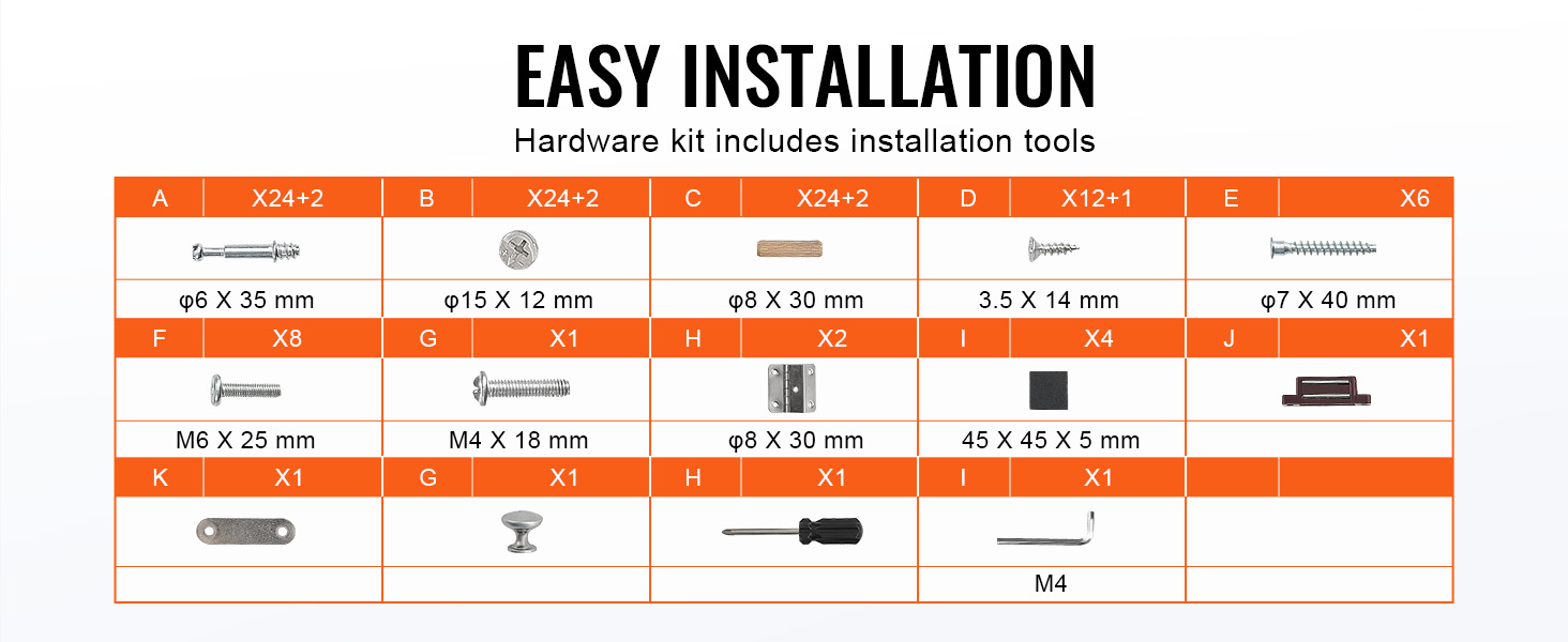 easy installation guide for VEVOR aquarium stand, showcasing hardware kit with screws, bolts, and tools.