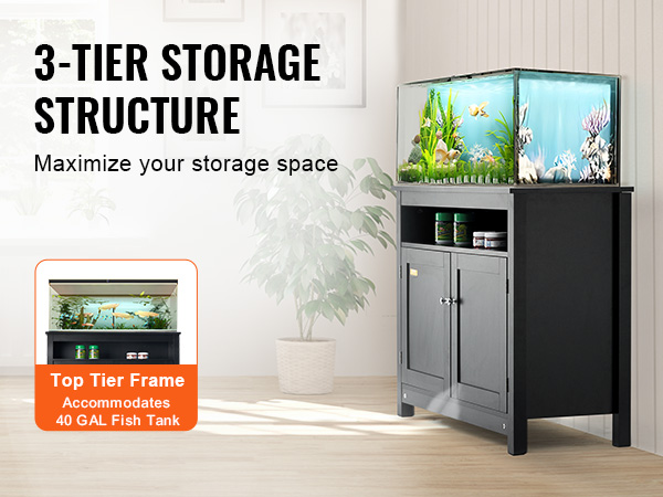 black 3-tier VEVOR aquarium stand with plants and a glass fish tank, maximizes storage space.