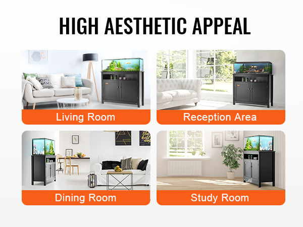 VEVOR aquarium stand in living room, reception area, dining room, and study room settings.