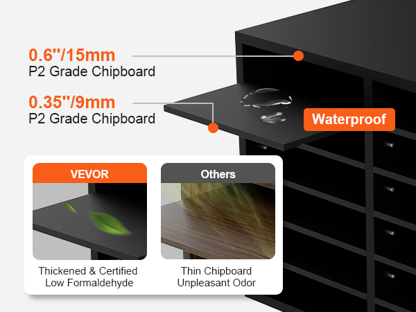 VEVOR wood literature organizer with waterproof 15mm p2 grade chipboard, low formaldehyde, durable design.