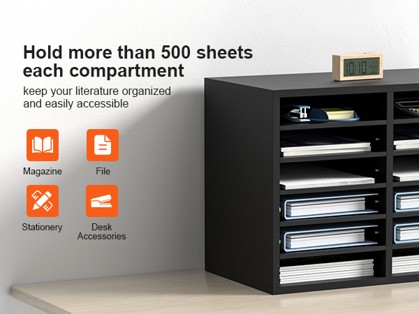 VEVOR wood literature organizer with 8 compartments, each holding over 500 sheets, on a desktop.