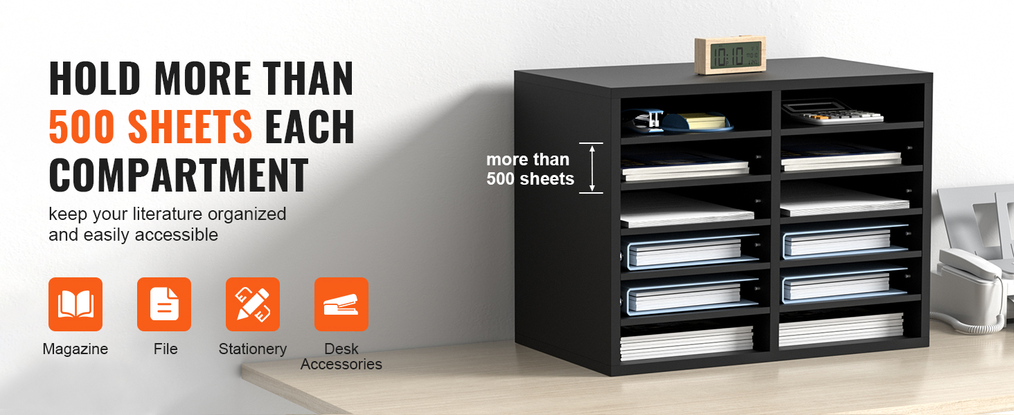 VEVOR wood literature organizer with 8 compartments, each holding over 500 sheets, on a desktop.