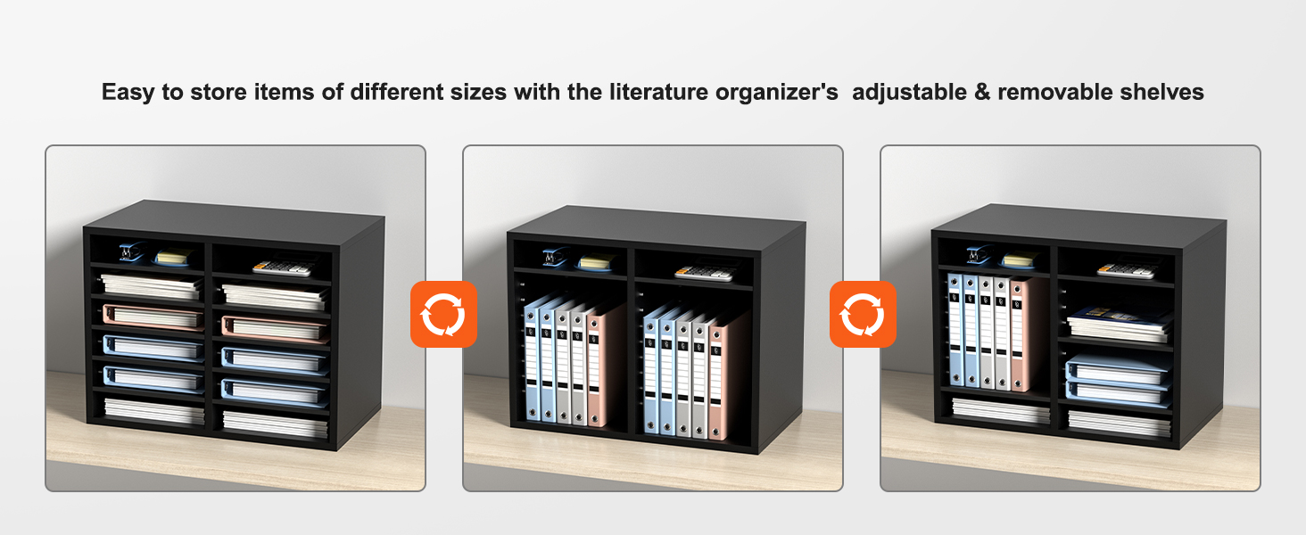 black VEVOR wood literature organizer with adjustable shelves, storing documents and binders.
