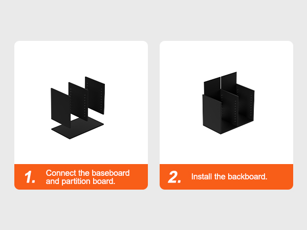 assembly instructions for VEVOR wood literature organizer: connect baseboard, partition board, install backboard.
