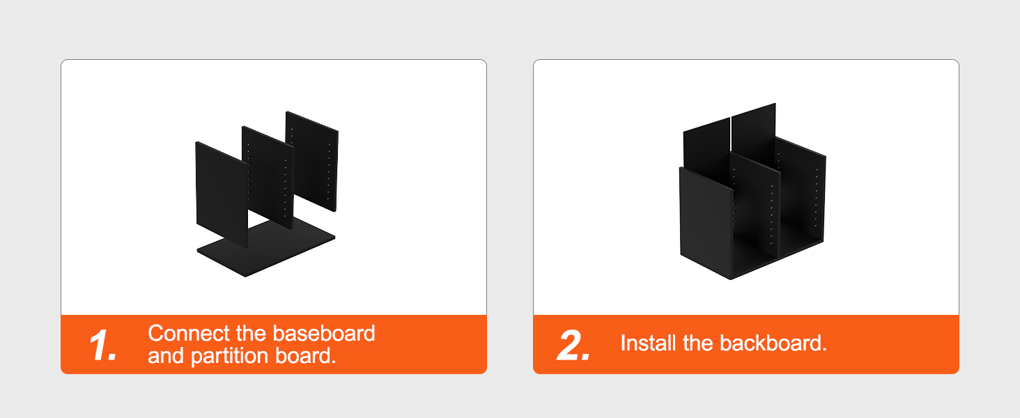 assembly instructions for VEVOR wood literature organizer: connect baseboard, partition board, install backboard.