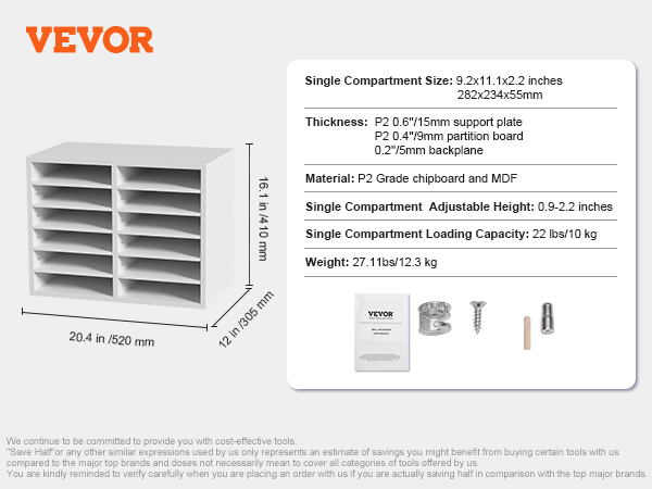VEVOR literature organizers: white 12-slot compartment, p2 grade chipboard, dimensions (w x h x d) 20.4"x16.1"x12".