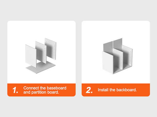 этапы сборки органайзеров для литературы VEVOR с плинтусом и перегородкой.